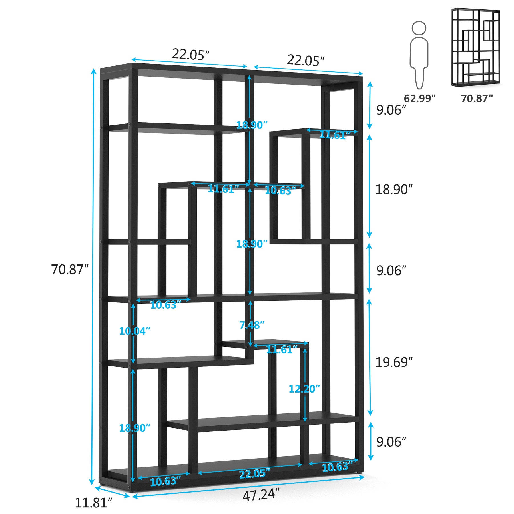 70.87 Bookshelf, Black Standing Shelf Bookcase Storage Rack