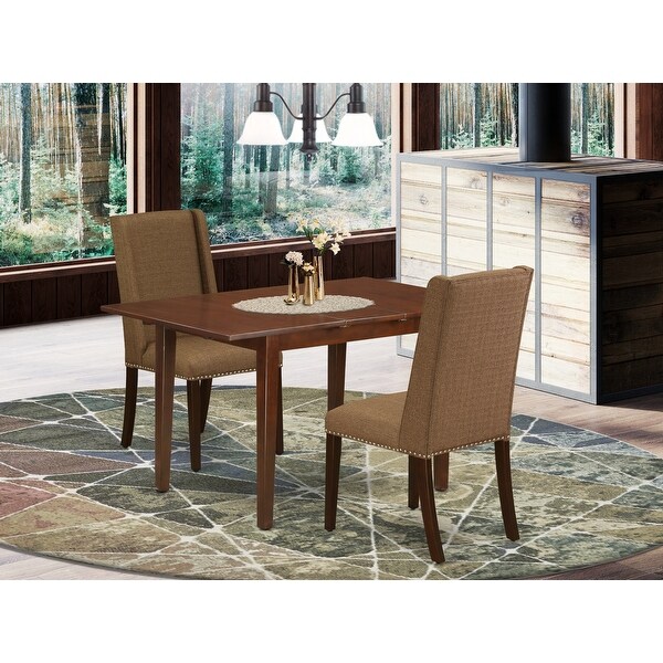 3Pc Dining Room Set - a Dining Table - 2 Parsons Chairs Upholstered with Linen Fabric - Mahogany Finish ( Fabric Color Options)