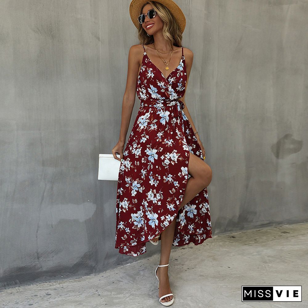 Elegant Floral Print Split Sling Dress For Women Autumn New V-Neck High Waist Lace-up Backless Skinny Maxi Dress