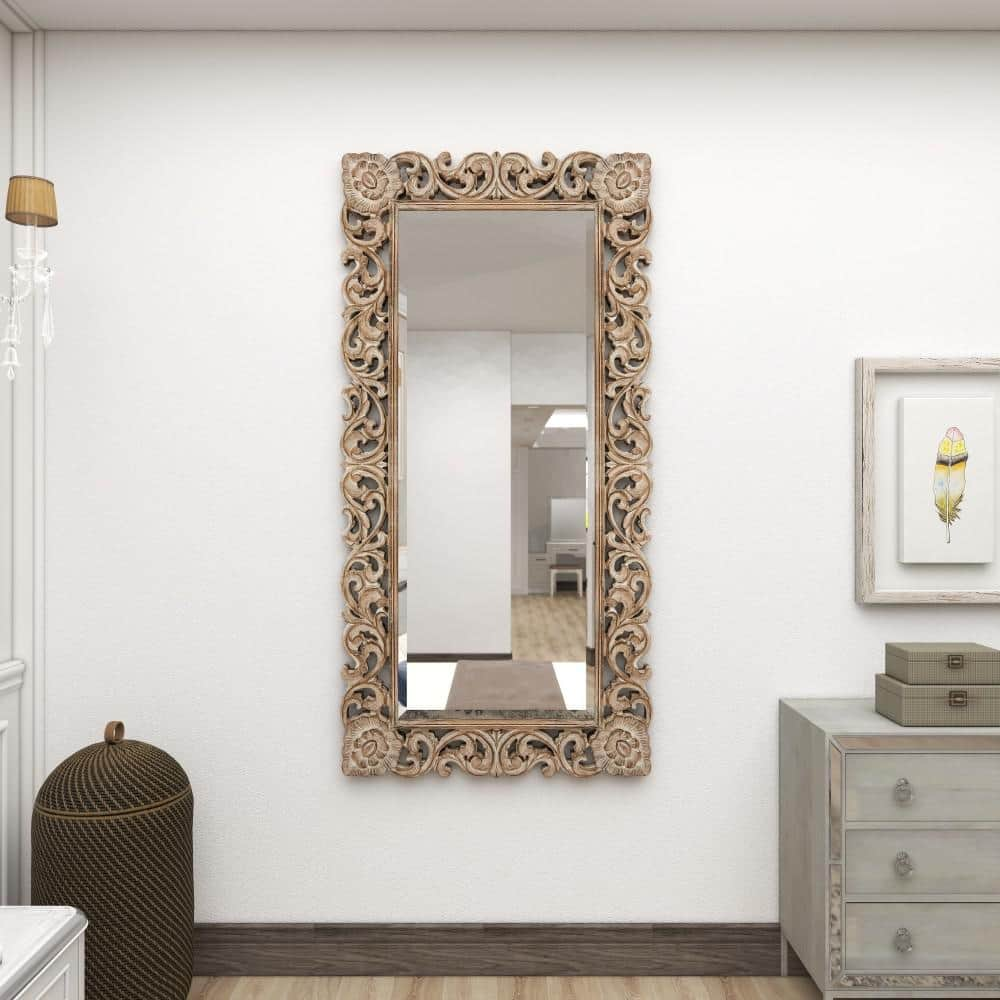 Litton Lane 72 in. x 36 in. Intricately Carved Rectangle Framed Light Brown Floral Wall Mirror 23702