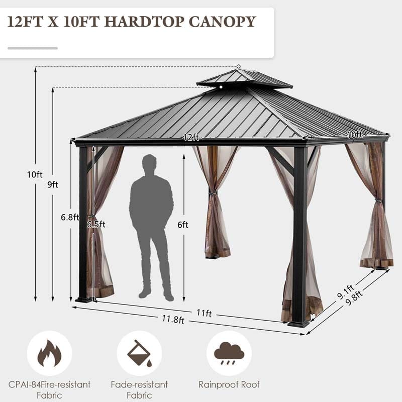 12 x 10 FT Hardtop Gazebo with Netting & Central Hook, 2-Tier Outdoor Patio Metal Gazebo Canopy Tent