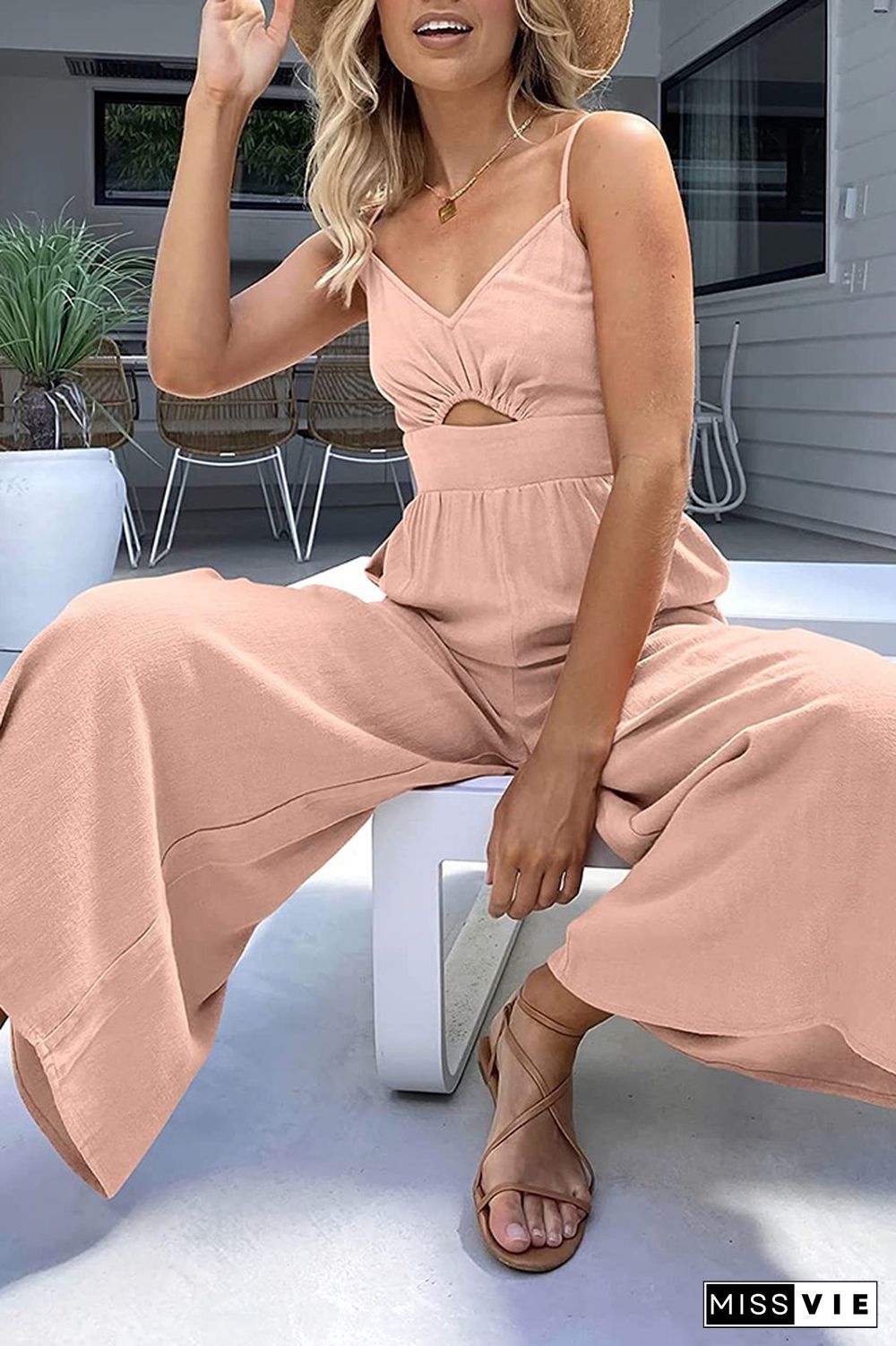 Spaghetti Straps Plain Cut Out Jumpsuit