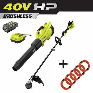 RYOBI 40V HP Brushless Cordless Battery String Trimmer  Leaf Blower w Extra 5-Pack of Pre-Cut Line 4.0 Ah Battery  Charger RY40960-AC