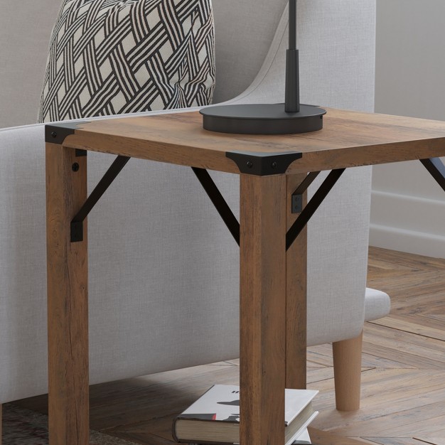 Flash Furniture Wyatt Modern Farmhouse Wooden 2 Tier End Table With Metal Corner Accents And Cross Bracing