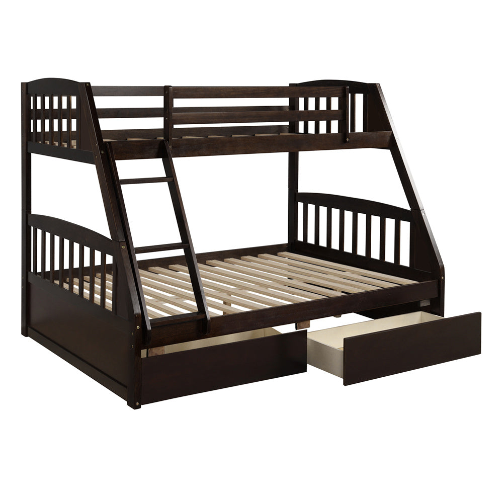 Twin Over Full Bunk Bed with Two Storage Drawers, Pine Wood Bed Frame and Ladder with Guard Rails for Toddlers, Kids, Teens, Boys and Girls, Brown