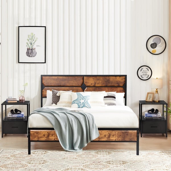 Taomika Industrial 3-pieces Bed with Wood Headboard and Square Nightstands Set - - 35162736