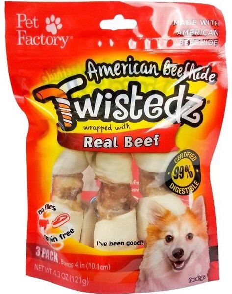 Pet Factory Twistedz 4 to 5-inch Beefhide Bones with Beef Flavored Wrap Dog Hard Chews， 3 count