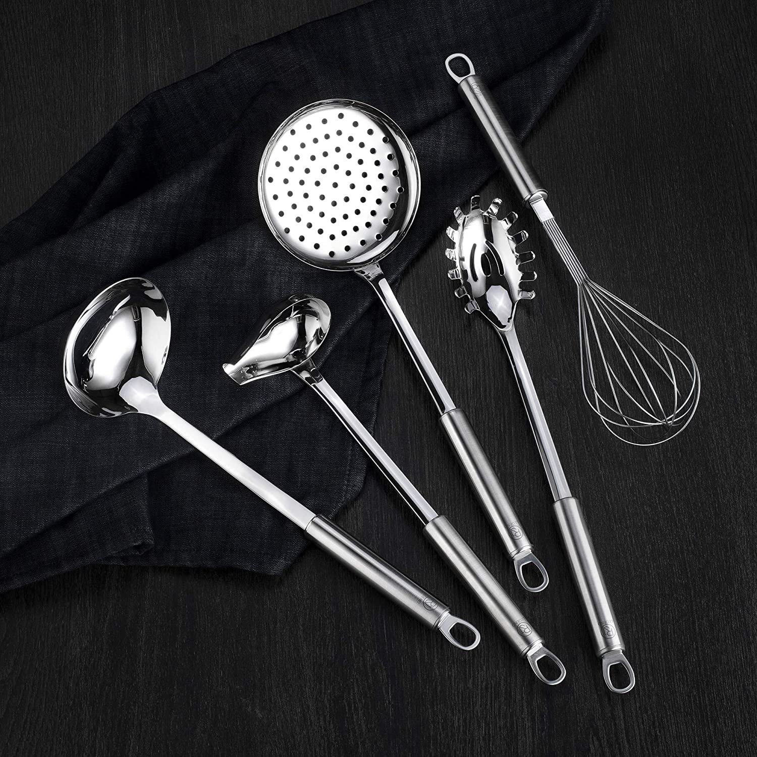 RJ Legend Kitchen Gadget 304 Stainless Steel 11.2 to 13.8 In. Length/2.4 to 4.3 In. Diameter Cooking Utensil Set with Gravy Ladle, Skimmer, Egg Beater, Spaghetti Server, Soup Ladle, Silver (Set of 5)