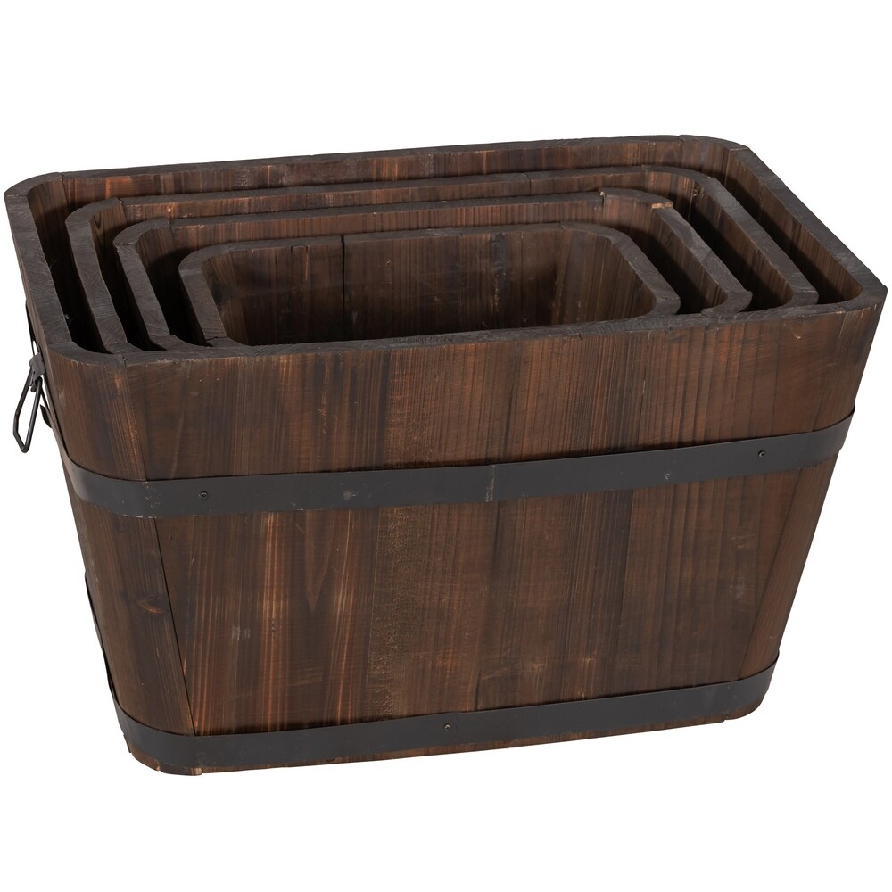 Set of 4 Barrel Style Rectangular Wooden Planters