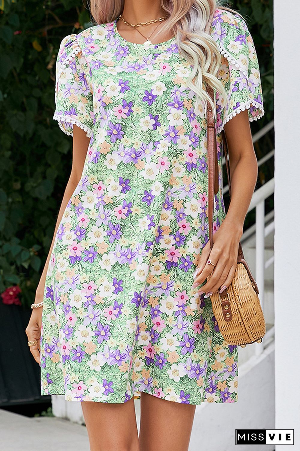 Short Sleeves Floral Mini Dress