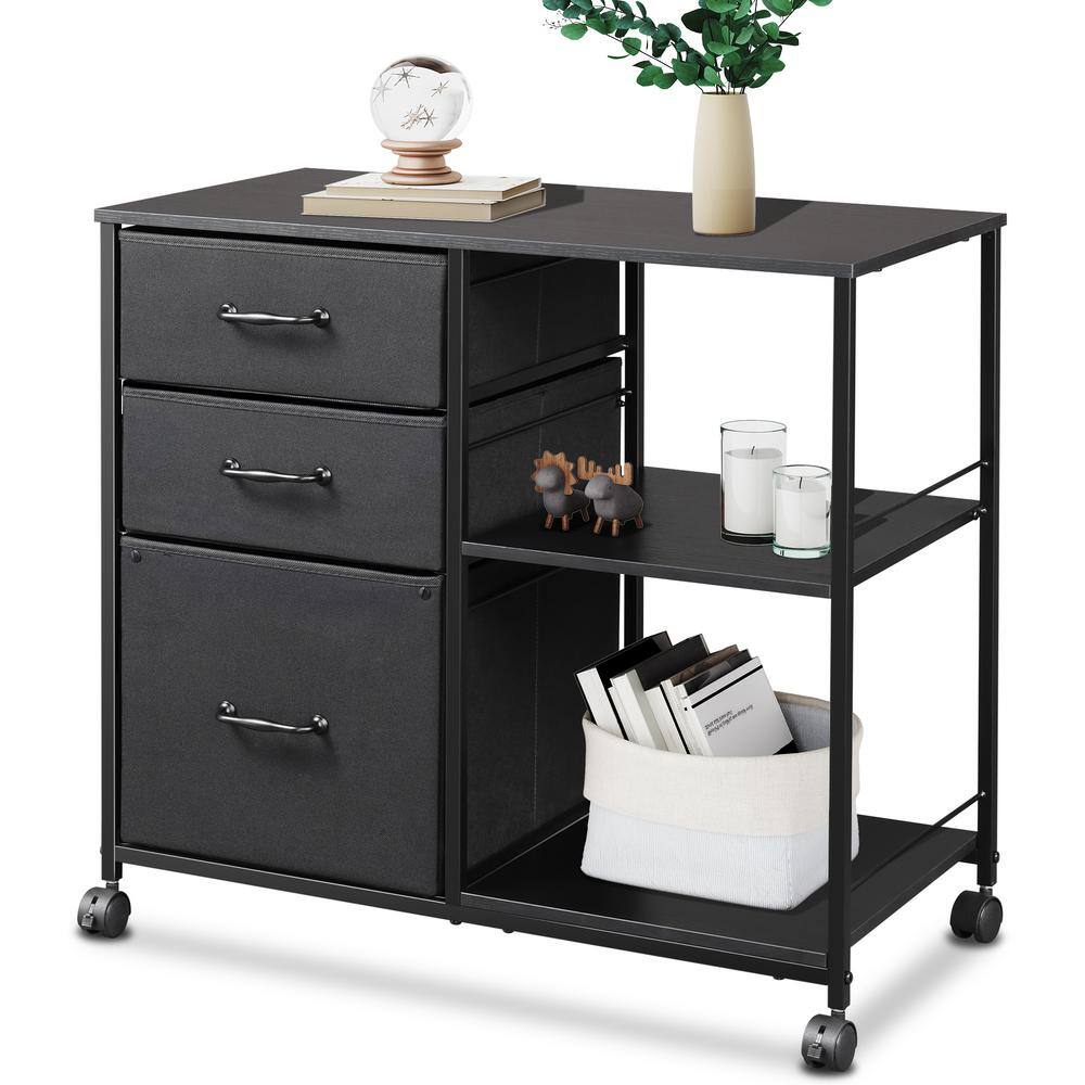 ATHMILE Black 3-Drawer Wood File Cabinet with Open Storage Shelves GZ-B2W20221416