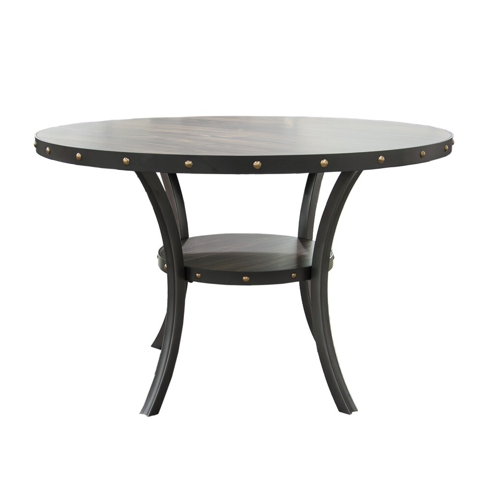 Wooden Round Dining Table with Nailheads and Storage Shelve