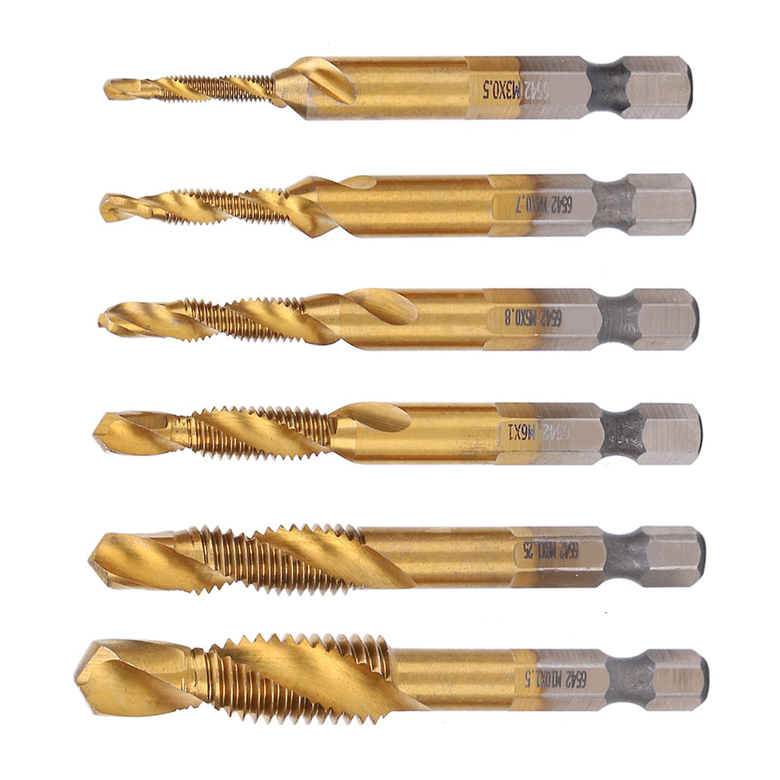 6pcs Hss Tap Drill Bits Set High Speed Steel Titanium Coated Hex Shank Thread Hand Tool M3m10