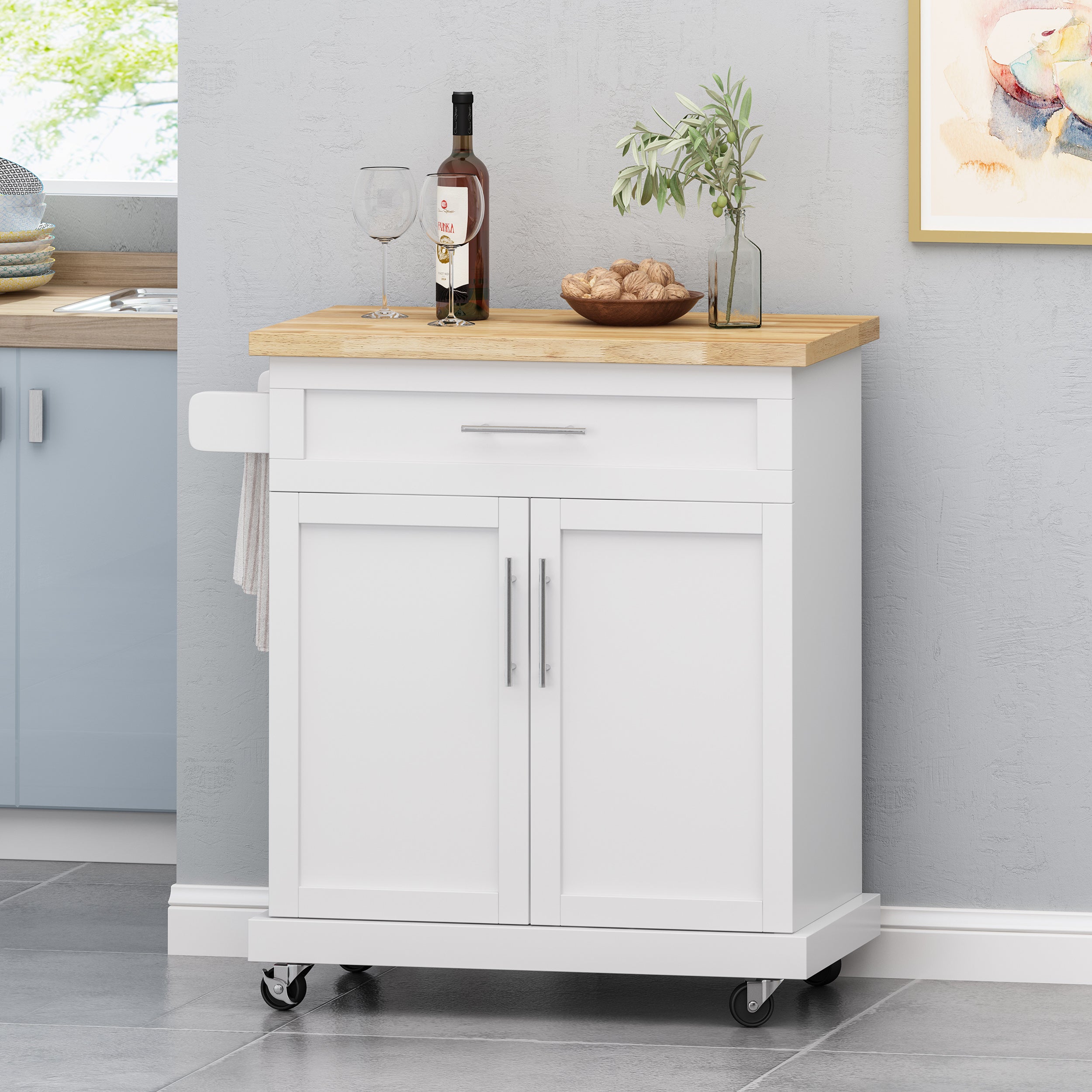 GDF Studio Negley Contemporary Kitchen Cart with Wheels， Natural and White