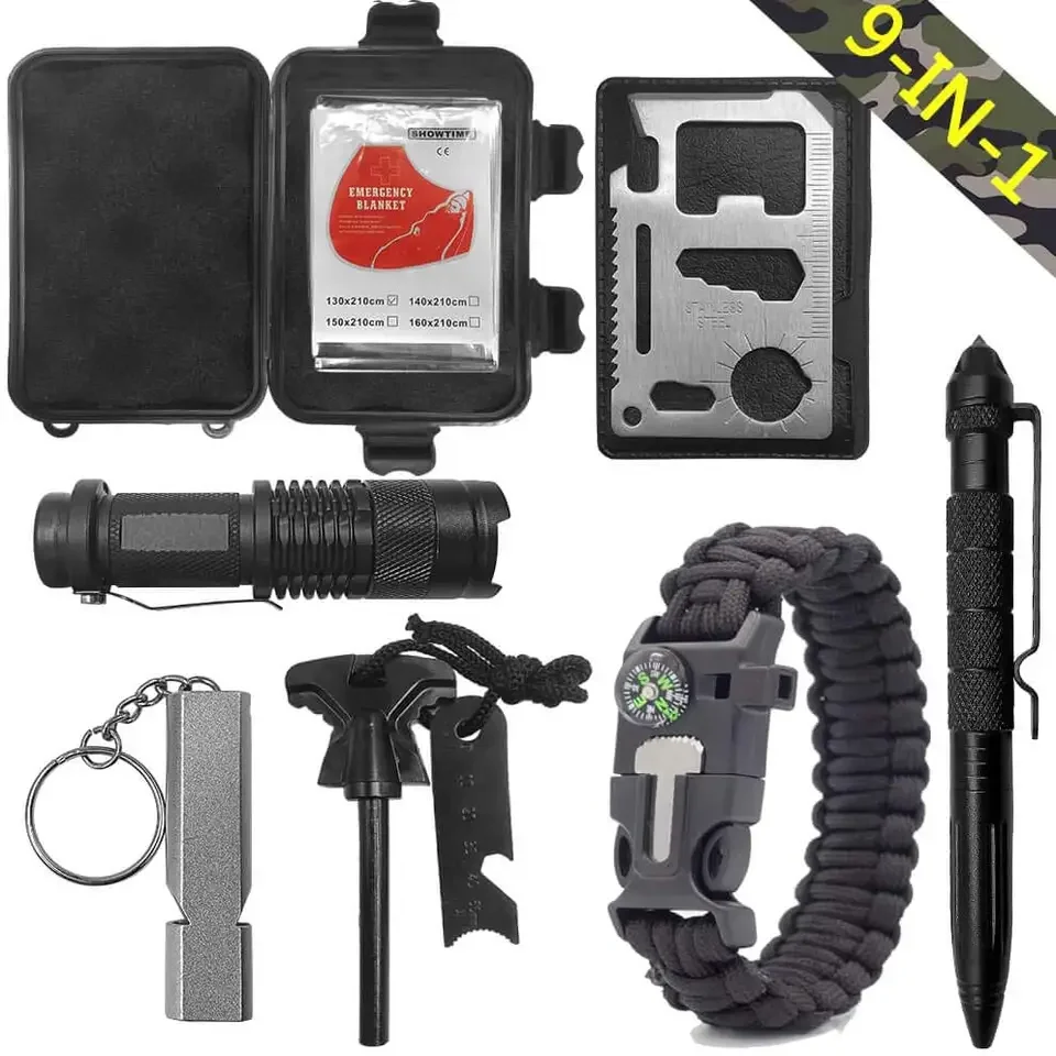 9 In 1 EDC Outdoor Emergency Tactical Survival Tool Kit Hunter Hiker for Boy Scout Camp