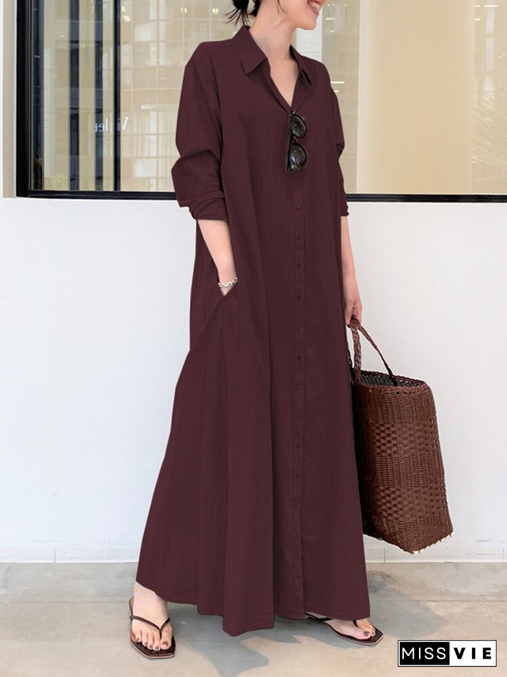 Solid Color Pocket Button Long SLeeve Casual Dress for Women