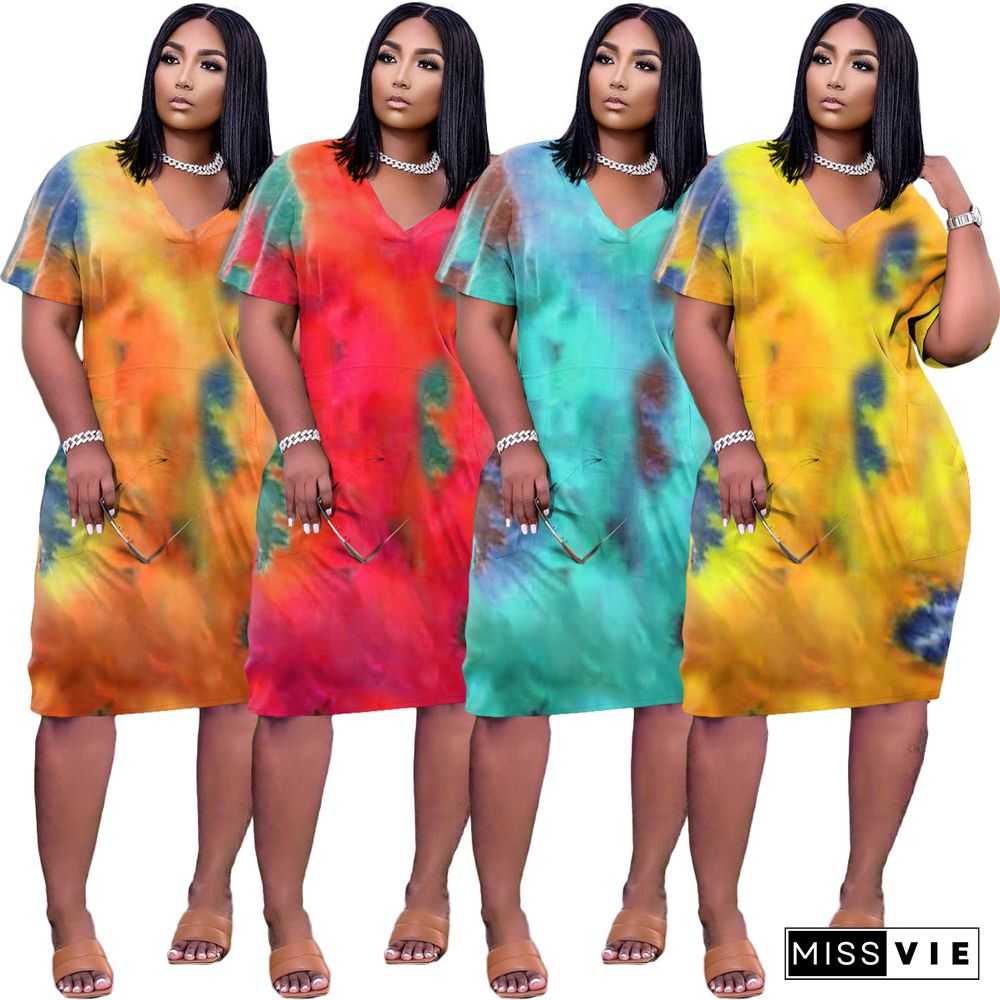 Women Tie Dye Print Short Sleeve V-neck Loose-fitting Midi Dress