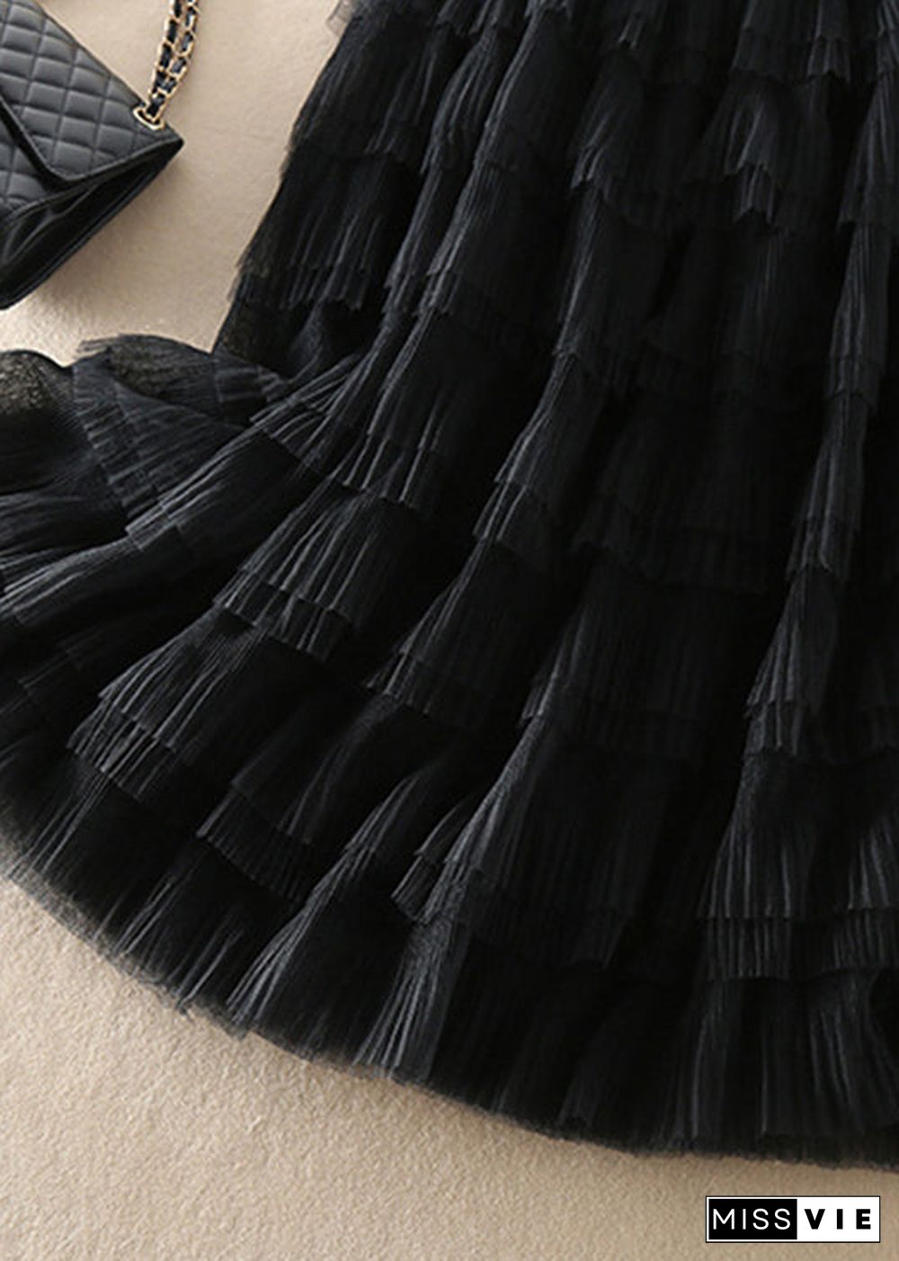 Organic Black elastic waist wrinkled Tulle Skirts Spring