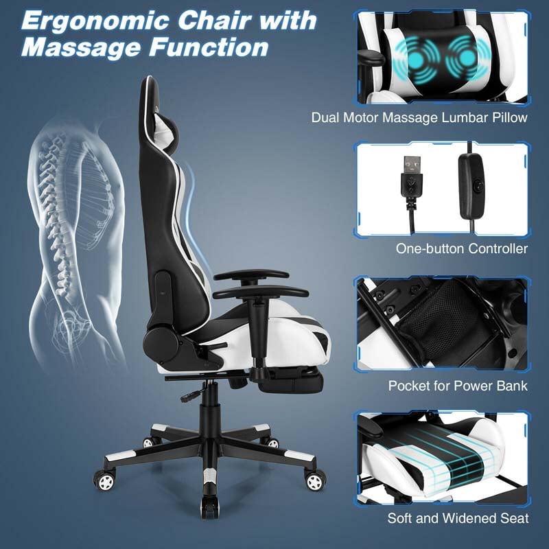 Massage Gaming Chair Recliner, High Back Ergonomic Gamer Racing Chair Adjustable Computer Chair Office Chair with Footrest, Headrest & Lumbar Support