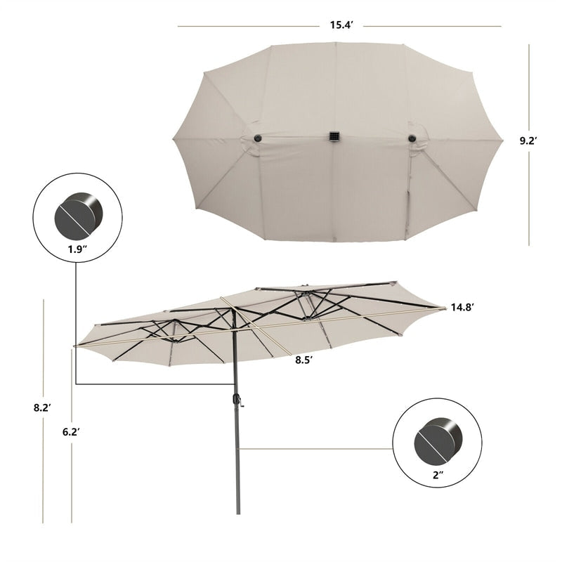 15 FT Large Outdoor Patio Table Umbrella with 48 Solar LED Lights & Crank, Double-Sided Metal Deck Pool Umbrella