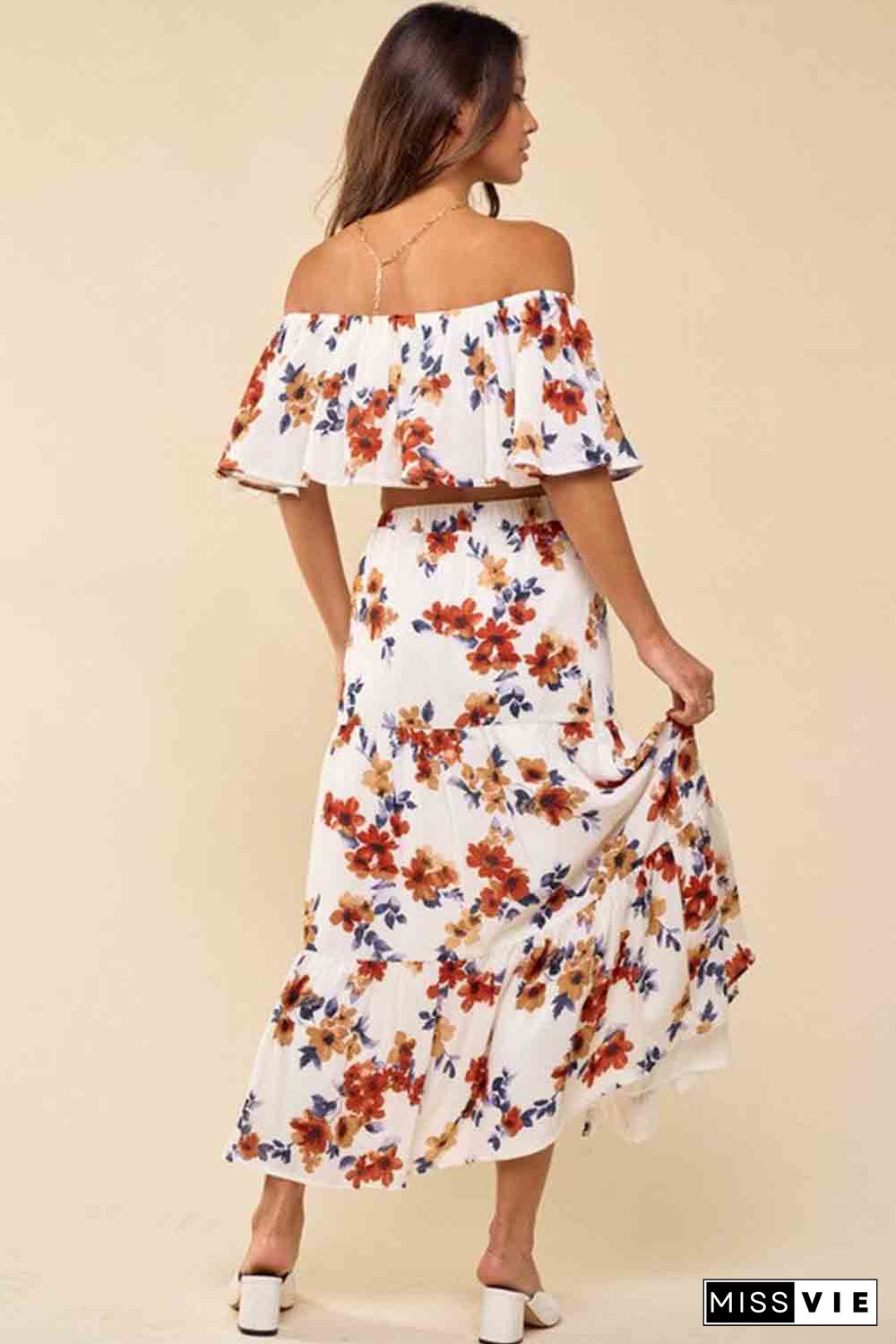 White Floral Print Off-shoulder Crop Top and Maxi Skirt Set