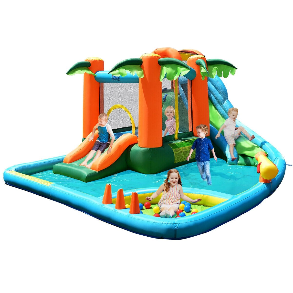 Multiple Play Areas 7 in 1 Jungle Water Park w/ Two Slides & Jumping Area