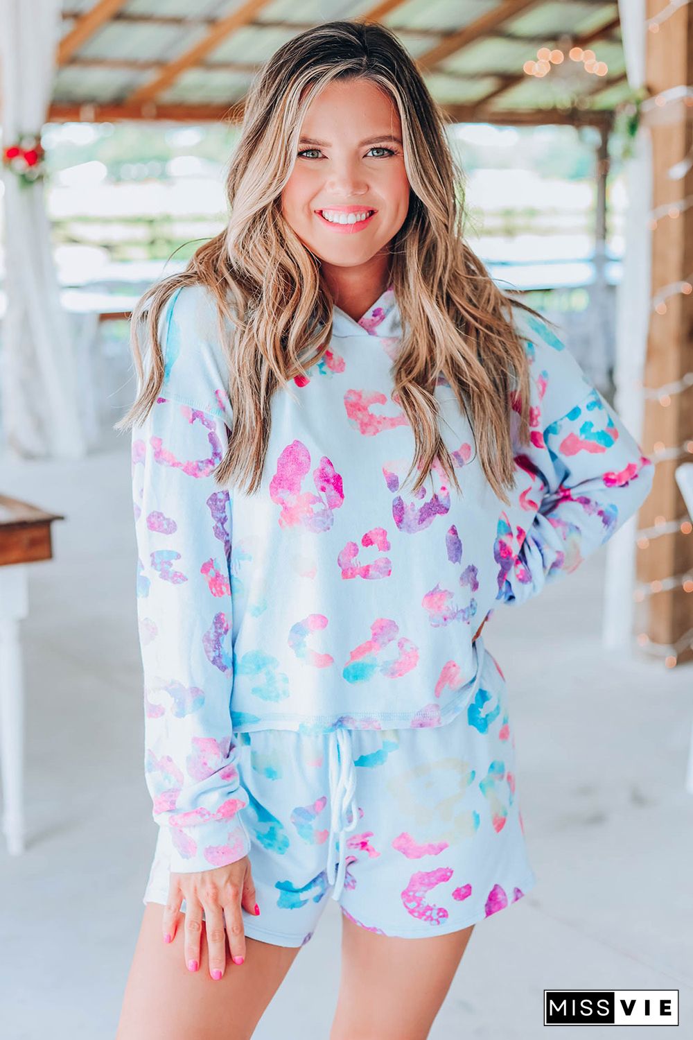 Sky Blue Leopard Print Hoodie and Shorts Set