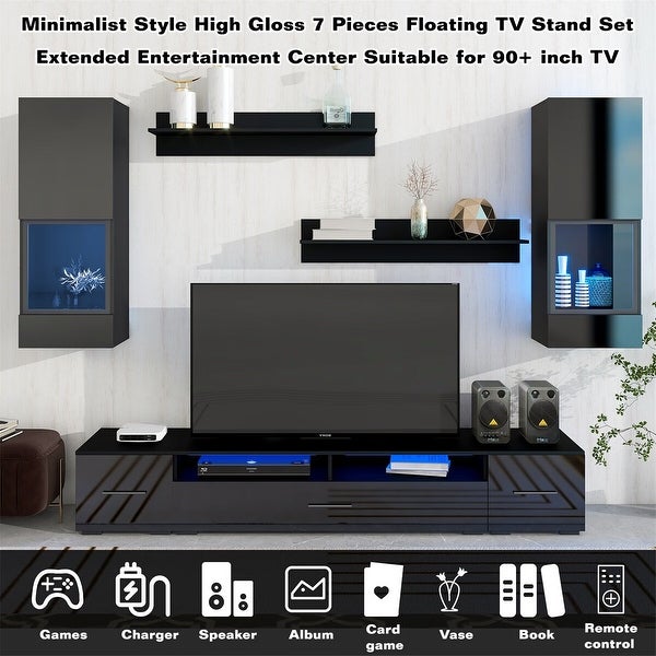 Merax Extended， Minimalist Style 7 Pieces Floating TV Stand Set for 90+ inch TV