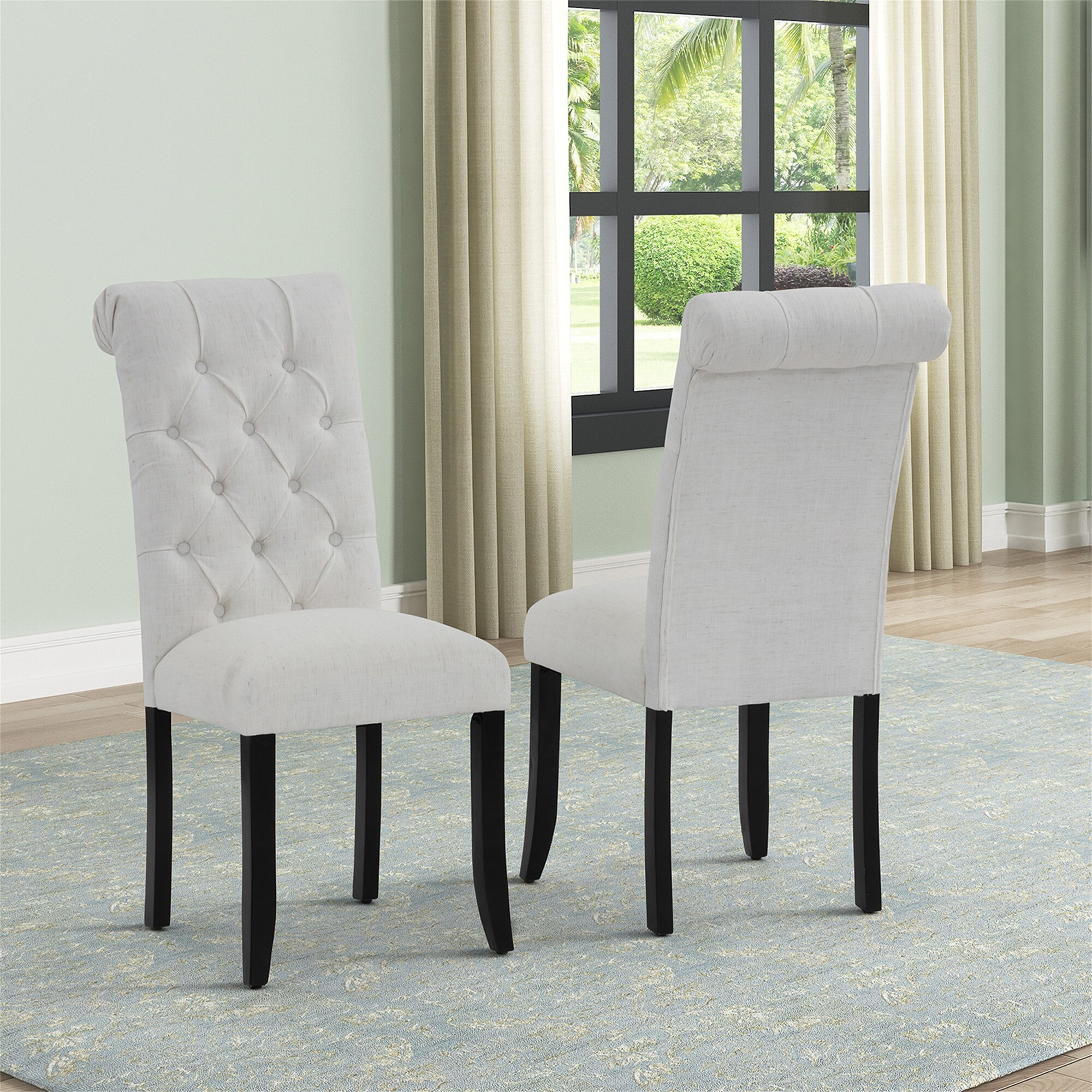 Fabric Tufted Dining Chair with Wooden Legs (Set of 2)