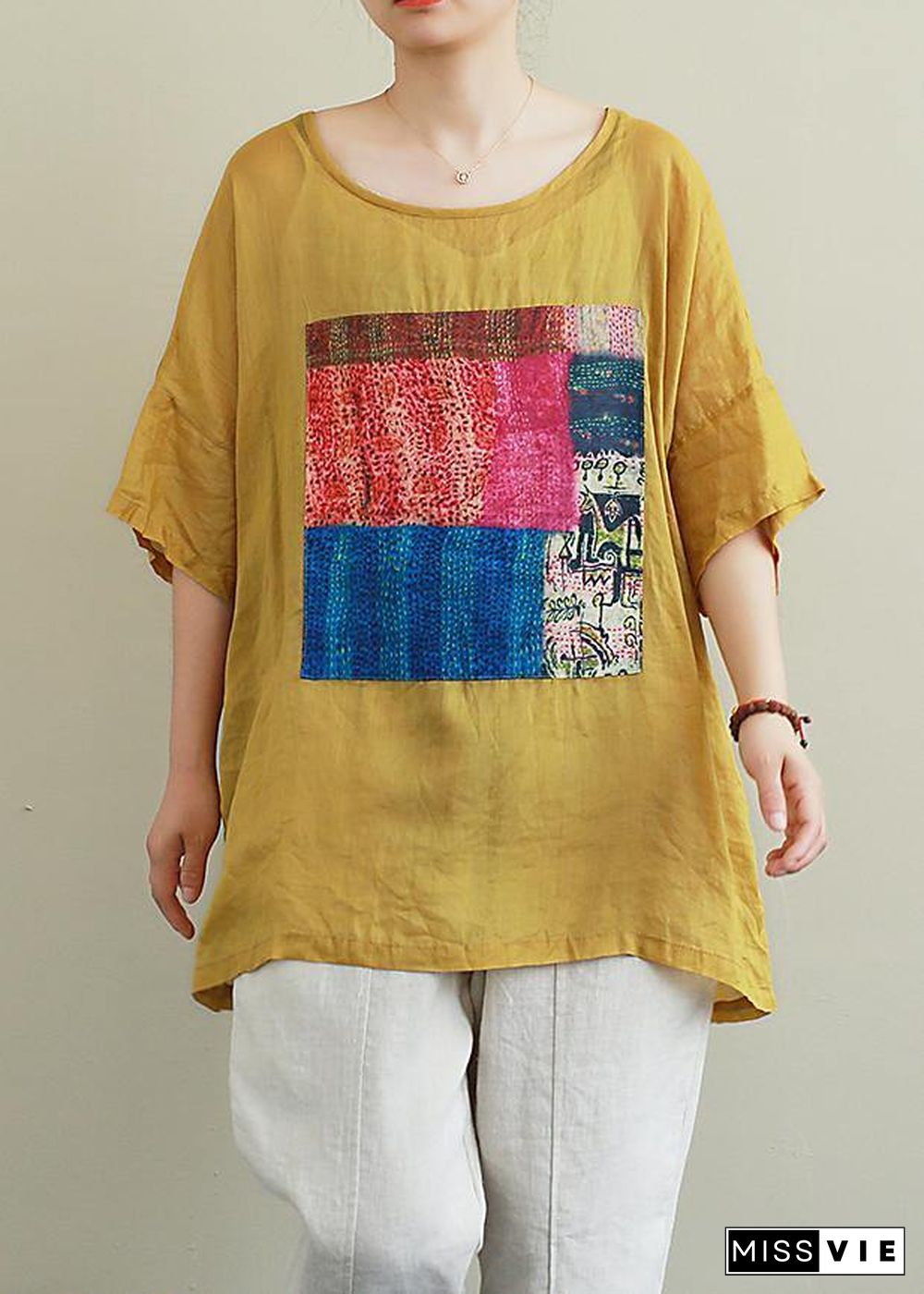 French yellow linen Blouse o neck patchwork summer top