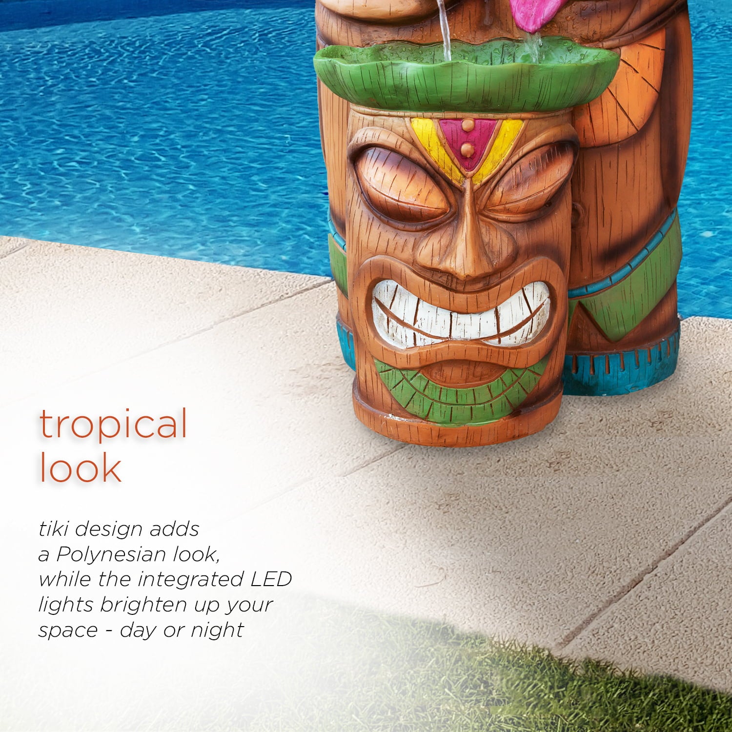 Alpine Outdoor Tiki Head Polyresin Electric Fountain with LED Light， 35 inch Tall