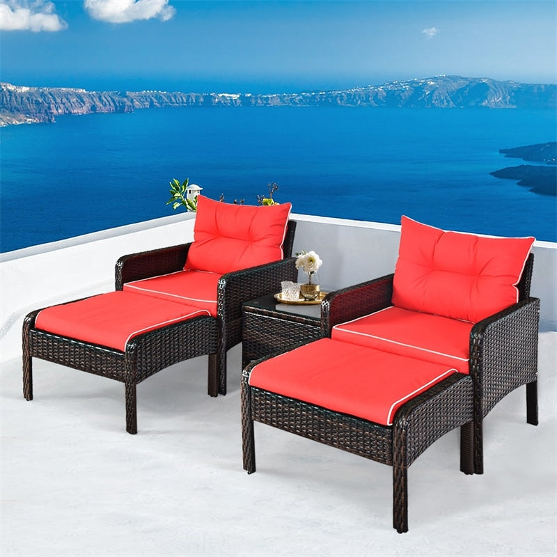 5 Pcs Rattan Patio Conversation Sets with Ottomans & Coffee Table, Wicker Outdoor Bistro Set