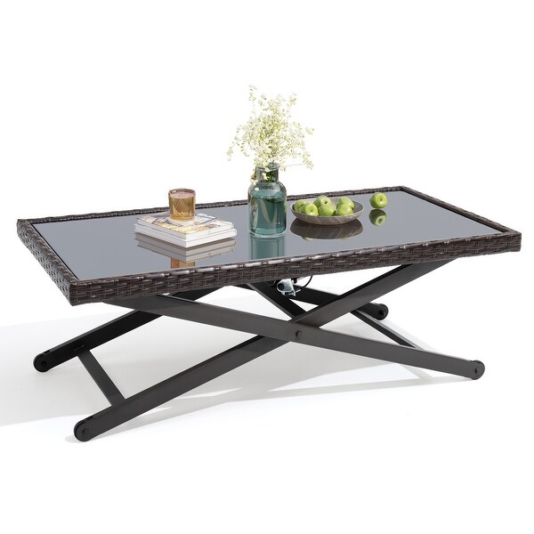 Outdoor Coffee Table Side Table Fits with Conversation Set，PE Rattan and Glass Tabletop，Adjustable Height