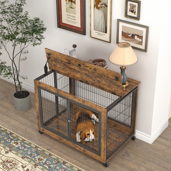 Industrial Wooden Iron Dog Crate， Dog Kennels with 3 Doors and Wheels， Pet Crate Side End Table for Medium and Small Dog