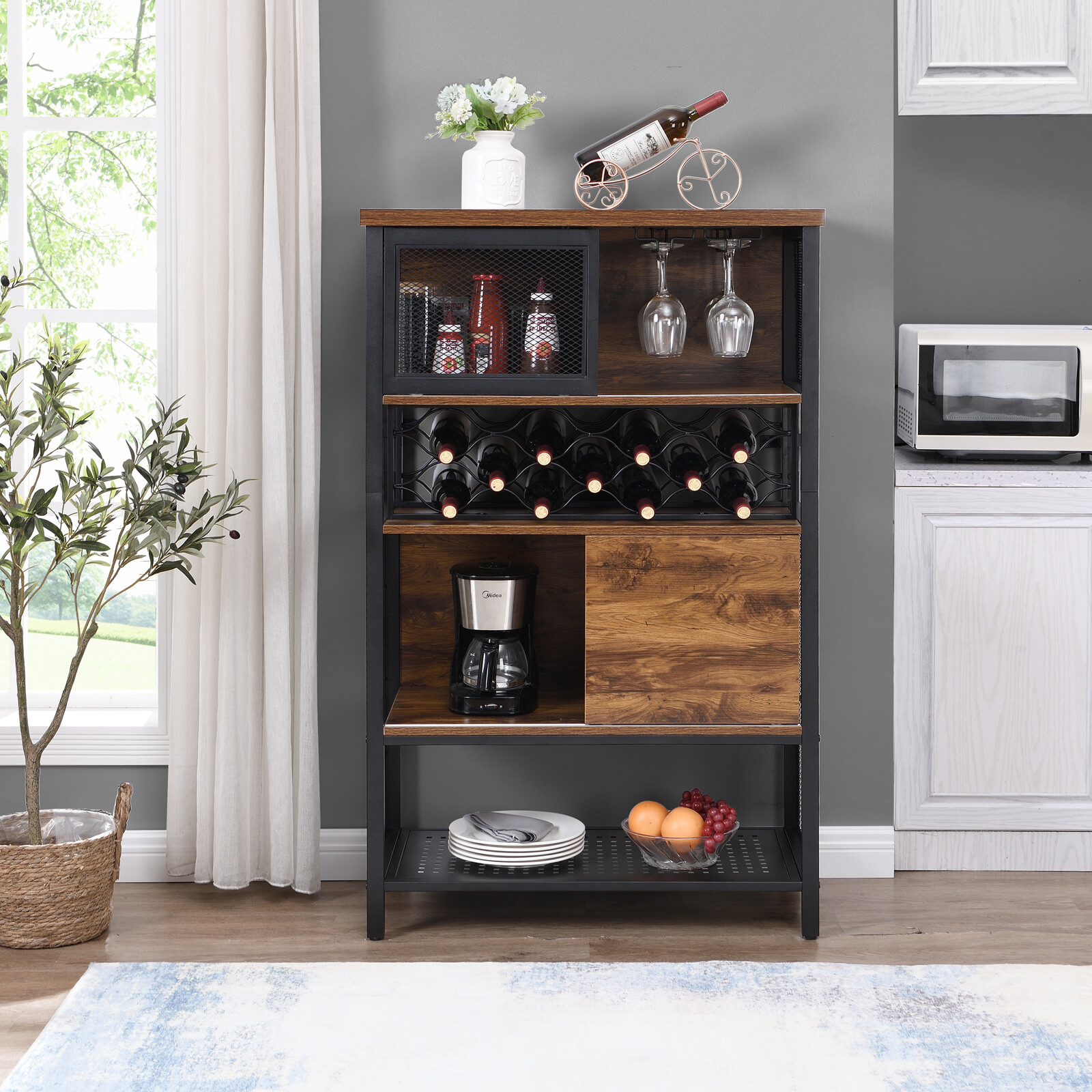 KALEFU Industrial Bar Cabinet with Wine Rack for Liquor and Glasses， Wood and Metal Cabinet for Home Kitchen Storage Cabinet