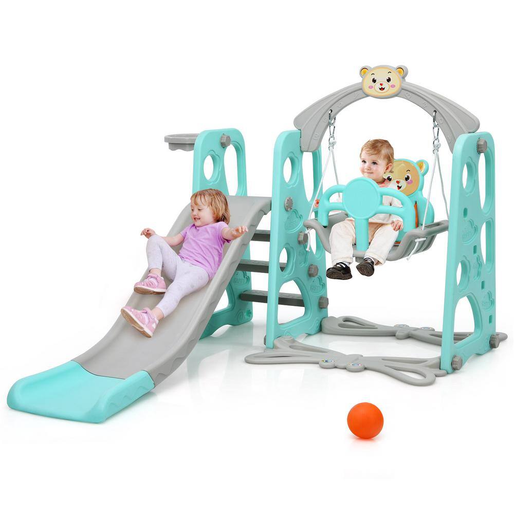 Costway 4-in-1 Toddler Climber and Swing Set with Basketball Hoop and Ball Green TY327417GN