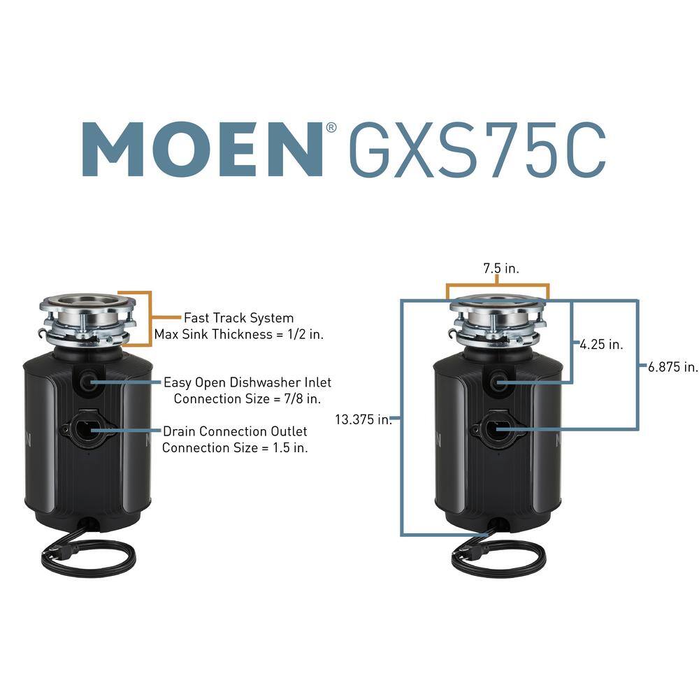 MOEN Host Series 34 HP Space Saving Continuous Feed Garbage Disposal with Sound Reduction and Universal Mount GXS75C