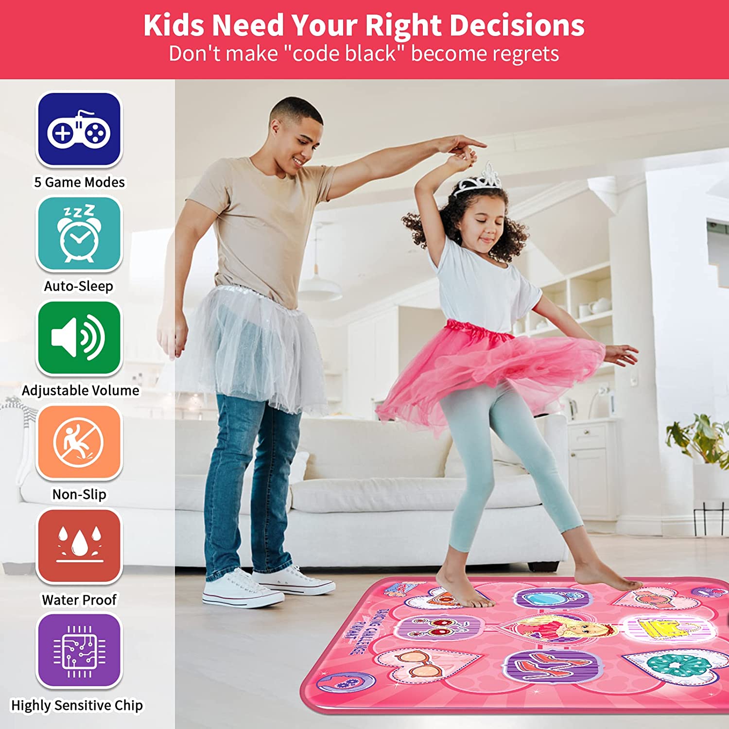 Kids Dance Toy， Electronic Dancing Mat with LED Lights， Musical Dance Pad Party Game Toy for 3 4 5 6 7 8 9 10 Years Old Boys Girls， Pink