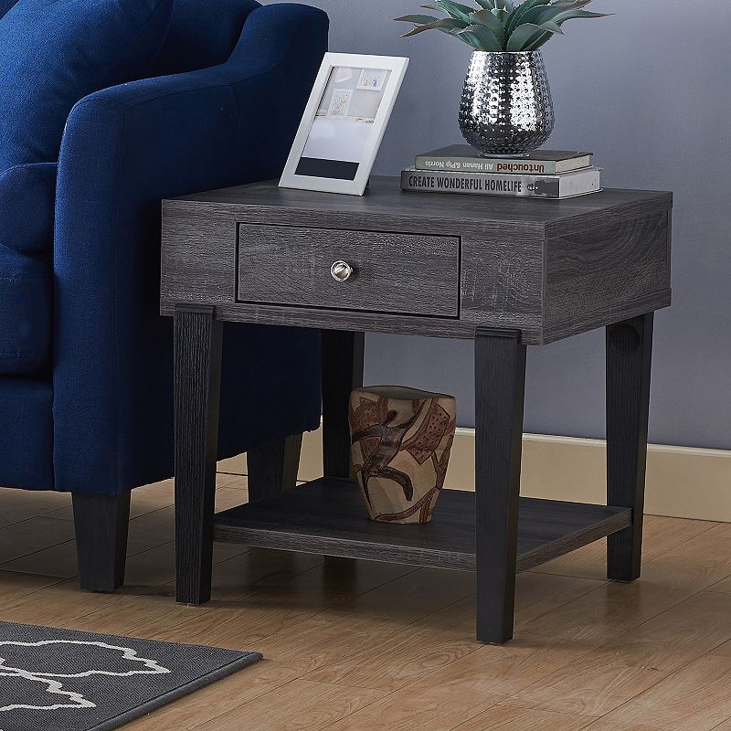 FC Design Distressed Grey and Black End Table with 2 Tier Display and Drawer