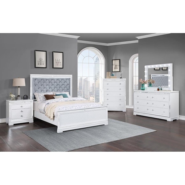 Upholstered Eastern King Bedroom Set in Silver and White - - 36135708