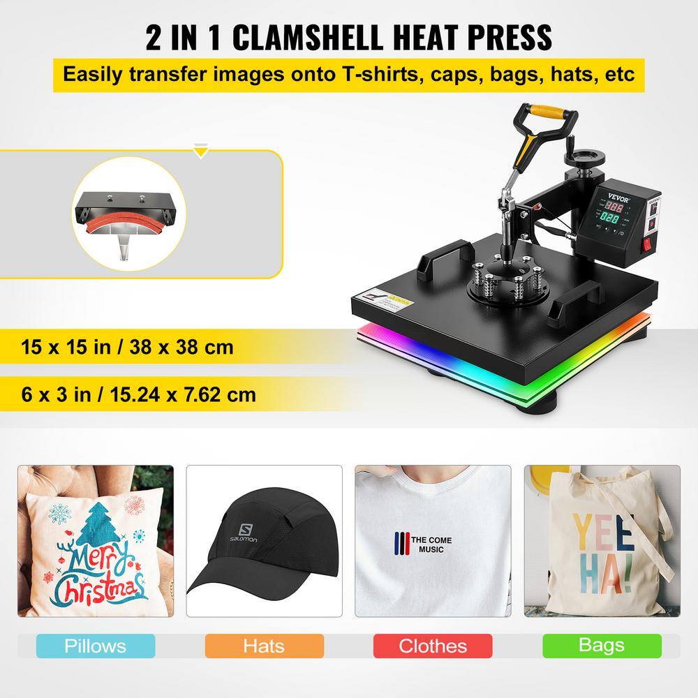 VEVOR 15 in. x 15 in. Heat Press Machine 2 in 1 Digital Precise Heat Control Sublimation Transfer Printer for T-Shirt Hat Cap DG3838CM2110VCWOWV1