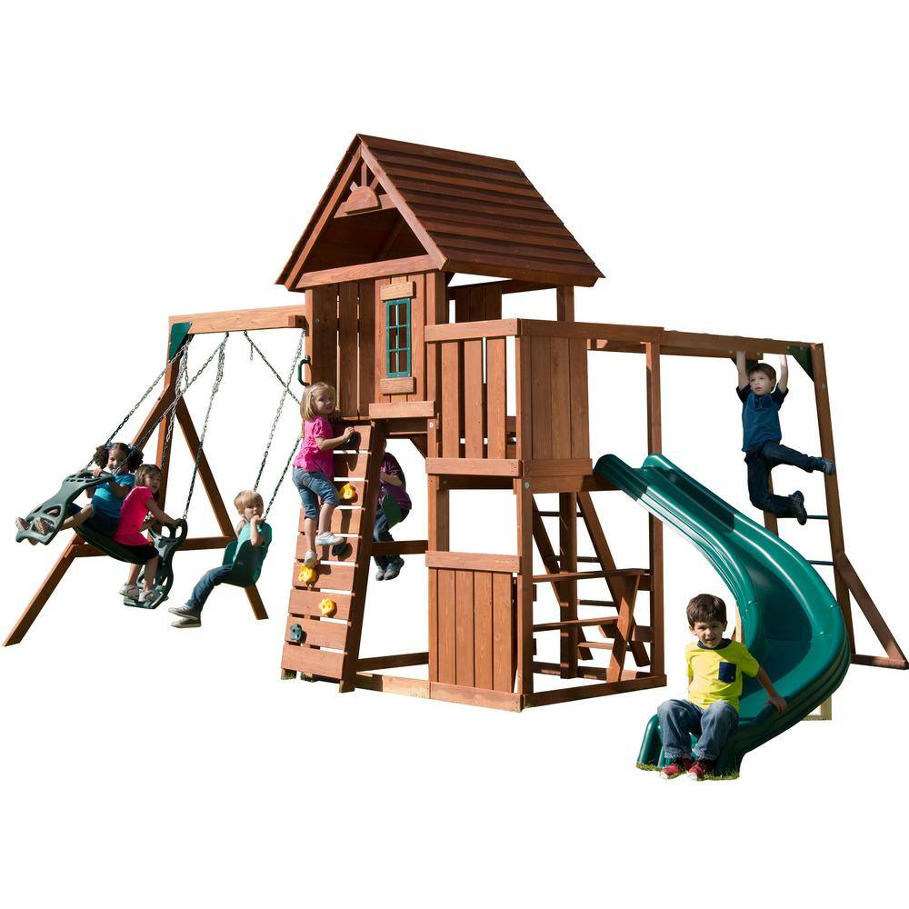 Swing-N-Slide Playsets Cedarbrook Deluxe Complete Wooden Outdoor Playset with Slide Rock Wall Swings and Backyard Swing Set Accessories PB 8030