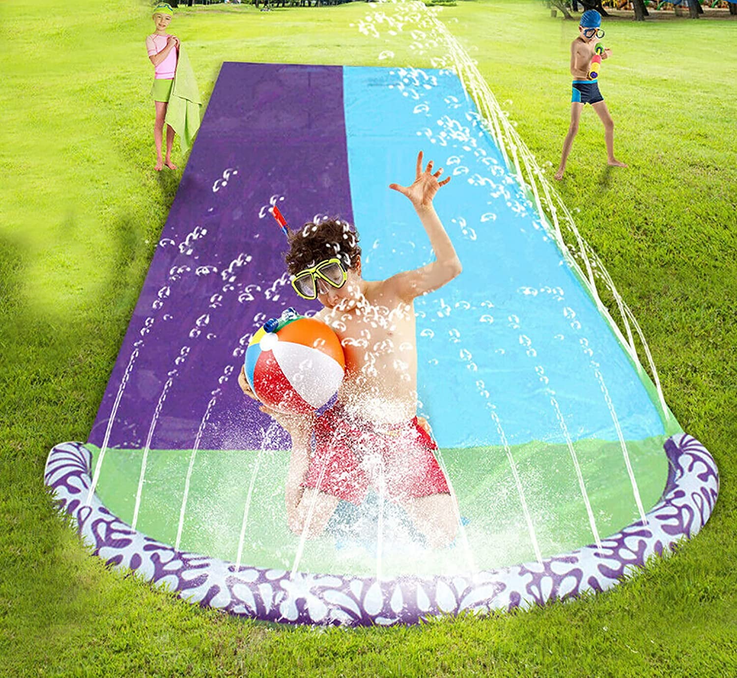 Lawn Water Slip and Slides for Kids Adults - Garden Backyard Giant Racing Lanes and Splash Pool, Outdoor 15.7FT Water Slides with Crash Pad Outdoor Water Toys