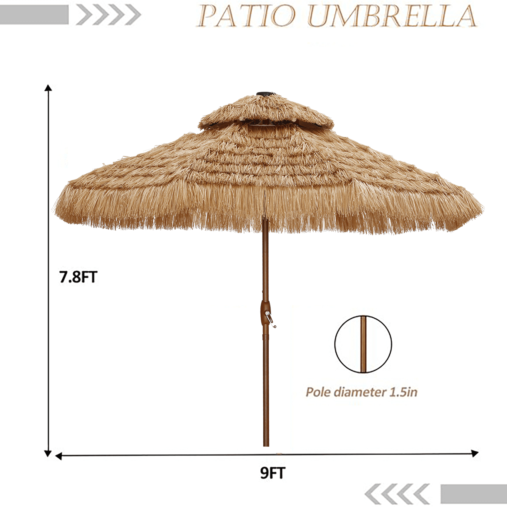 Autlaycil 9FT Double Tiers Solar LED Lights Thatched Tiki Umbrella, Outdoor, Pool, Patio, Beach