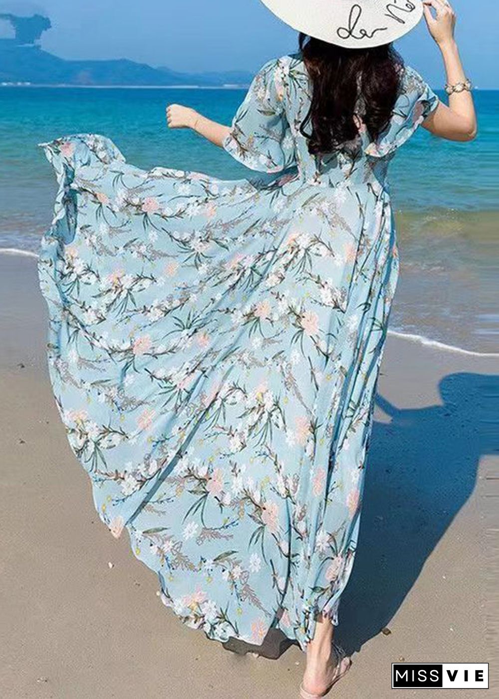 Vogue Blue V Neck Print Chiffon Maxi Beach Dresses Summer