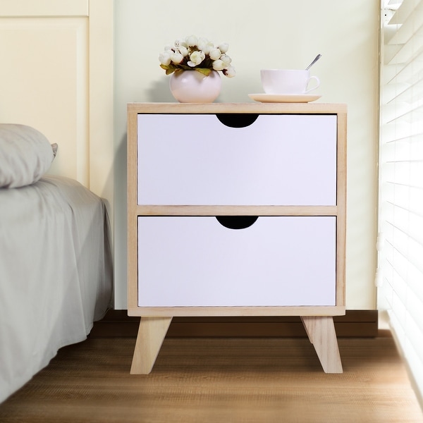 Set of 2 Wooden Nightstand with Two Drawers， End Table with Tall Legs， Multiple Usages Bedside Table， Indoors， Burlywood and White