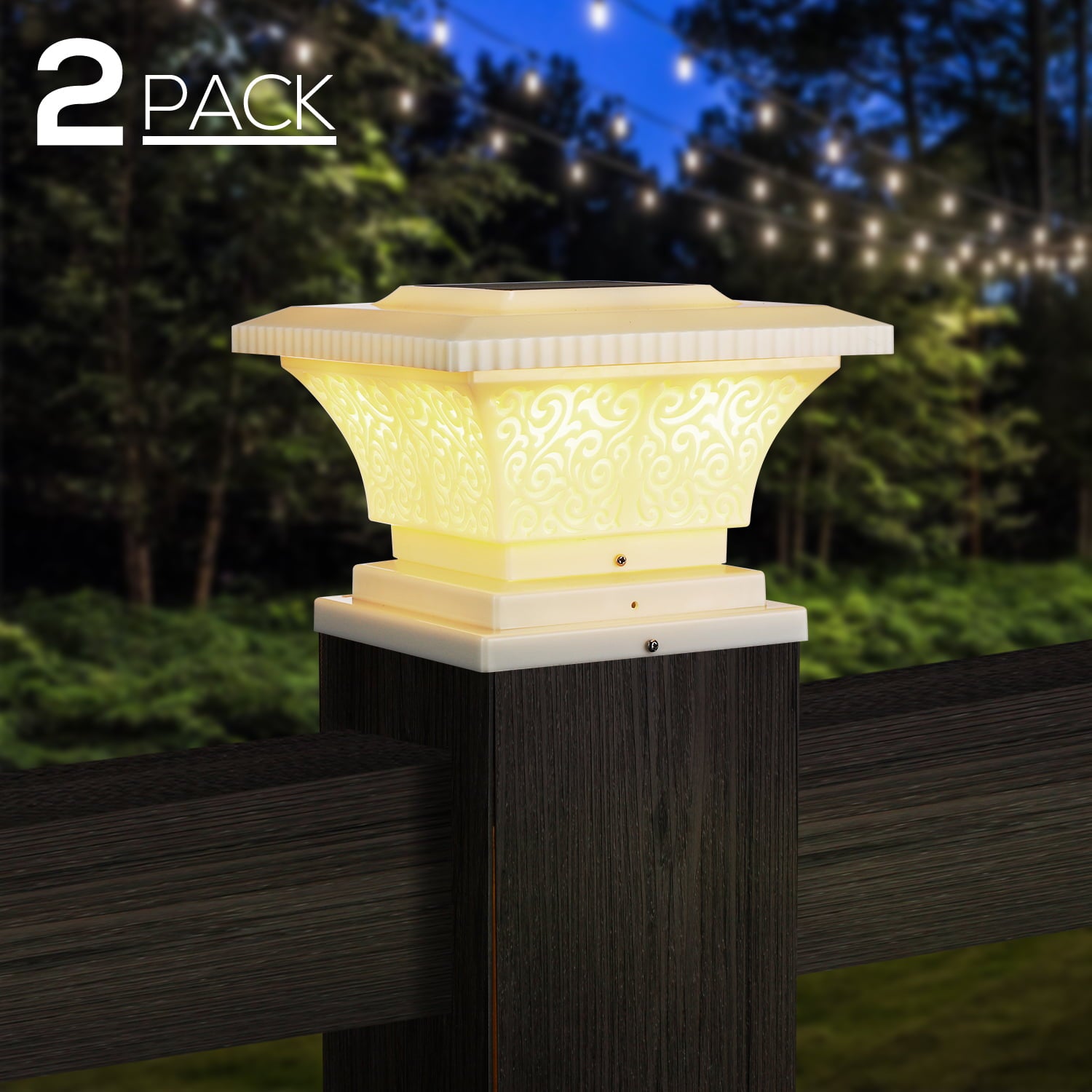 TORCHSTAR 2 Pack Solar Deck Lights Outdoor， Rustproof Solar Fence Cap Lights， 1200mA Battery， Dusk to Dawn， IP65， Fits 4x4， 5x5， 6x6 Post， Creamy White