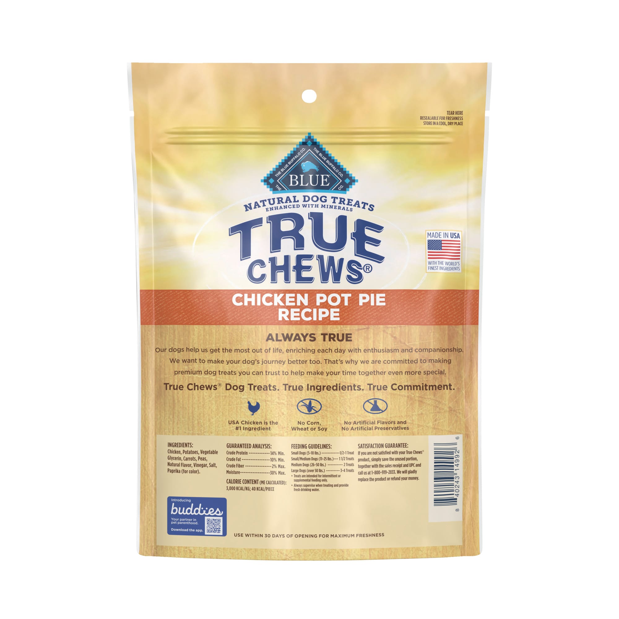 Blue Buffalo True Chews Natural Premium Chicken Pot Pie Dog Treats， 12 oz.