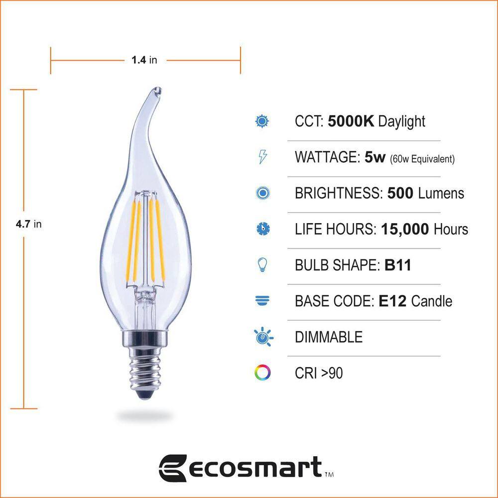 EcoSmart 60-Watt Equivalent B11 Dimmable E12 Candelabra Flame Bent Tip Clear Glass LED Vintage Edison Light Bulb Daylight(3-Pack) FG-04189