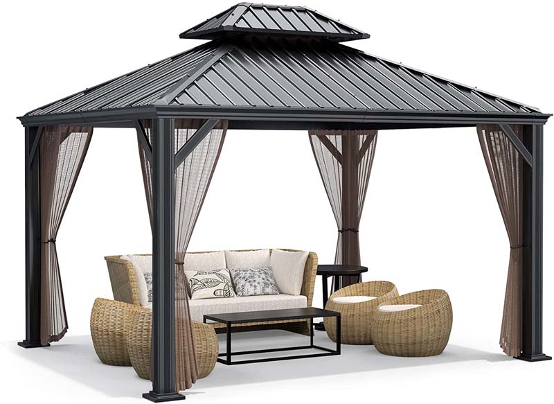 12 x 10 FT Hardtop Gazebo with Netting & Central Hook, 2-Tier Outdoor Patio Metal Gazebo Canopy Tent